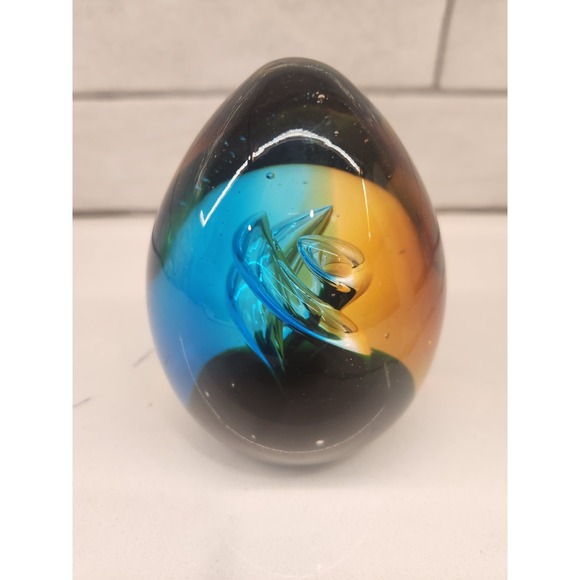 4 Inch Art Glass Paperweight Egg Blue Brown Orange Swirl with Suspended Bubbles - Picture 4 of 11